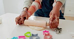 Cooking, baker and hands of mother and daughter in kitchen for cookies, helping or learning. Food, love and support with closeup of people and rolling pin in family home for dessert, recipe or pastry