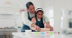 Cooking, baker and food mother and daughter in kitchen for cookies, helping or learning. Breakfast, love and support with woman and girl and rolling pin in family home for dessert, recipe or pastry