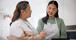 Tablet, cooking and search with senior mother with daughter in kitchen for learning, food and recipe blog. Baking, nutrition and help with women in family home for technology, health and meal prep