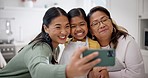 Family, selfie and kitchen with cooking, learning and support of mom, child and grandmother together. Love, social media ad profile picture of a grandma, young girl and mother with a smile in a home