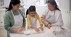 Baking, flour and family in a kitchen with learning, help and cooking with mom, child and grandma. Happy, mama care and support of mother, young girl and grandmother together with love in a home