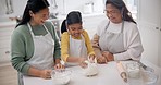 Baking, food and family help in a kitchen with learning, smile and cooking with mom, child and grandma. Happy, laughing and support of mother, young girl and grandmother together with flour in a home