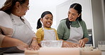 Baker, cooking and help with family in kitchen for learning, support and food. Happy, nutrition and generations with women and child baking at home for breakfast, health and teaching together