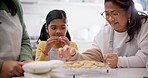 Mother, grandmother and child excited for cookies in kitchen, teaching and learning together with family in home. Mom, grandma and young baker girl with sweets, generations sharing recipe with love.