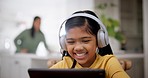 Computer, child laughing and headphones with online education, music and learning at home. Web class, smile and young girl with audio and happy from student streaming a kids video for study in house