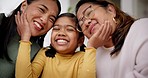 Mother, hug and family portrait in a living room with love, parent care and grandma support with smile. Happy, child and house with grandmother and kid together with mom and girl relax in a lounge