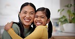 Mother, hug portrait and family home in a living room with love, parent care and support with smile. Happy, child and house with bonding and kid together of a mom and girl relax in a lounge with mama