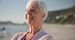 Old woman, smile and meditation at the beach, mindfulness and happiness with travel and peace in nature. Healing, wellness and freedom with zen, retirement and relax for mental health and sunshine