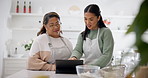 Tablet, cooking and help with senior mother with daughter in kitchen for learning, food and recipe blog. Baking, nutrition and search with women in family home for technology, health and meal prep