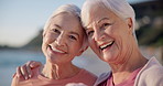 Portrait, yoga and elderly women on the beach together as friends for a mental health workout by the ocean. Exercise, wellness and smile with senior people at the sea for pilates training in nature