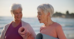 Fitness, yoga and senior woman on the beach together as friends for a mental health workout by the ocean. Exercise, wellness and smile with elderly people at the sea for pilates training in nature