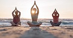 Beach yoga class, sunset and meditation instructor coaching zen mindset, spiritual chakra healing or breathing exercise. Freedom, calm and people learning pilates, training and coach teaching group