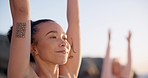 Beach sunset, yoga class and hands of relax women learning breathing pose, mindfulness and spiritual mindset healing. Freedom peace, community and face of wellness person doing calm pilates exercise