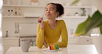 Woman eating, delicious cake and happy in home kitchen, diet and breakfast in the morning. Food, dessert and African person smile for sugar sweets, candy and hungry for confectionery pastry in house