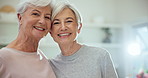 Senior friends, portrait and hug with a smile in home together with support, love and happy profile picture in retirement. Laughing, face and elderly women with old friendship and embrace in house