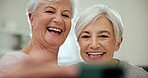 Senior women, friends and selfie in home, smile or excited for retirement memory, web blog or happy for online post. Elderly people, photography and profile picture for social network app in house