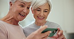 Senior women, friends and reading with phone, meme and excited with comic video, memory or post on web blog. Elderly ladies, smartphone and laugh for notification, social network or movie with app