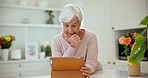 Elderly woman, tablet and reading in home, smile and check email notification, news update or web blog. Senior lady, digital touchscreen and thinking for video, post or subscription with social media