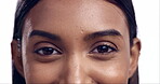 Portrait, eyes and beauty with a woman closeup in studio isolated on a white background looking happy. Face, vision and eyesight with a young model posing too see her eyebrows for natural skincare