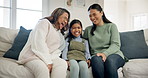 Asian family, happiness and people on sofa, laugh and joke on couch in living room of house for bonding. Smile, woman and mother with child in lounge together having fun and relaxing in apartment 