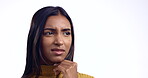 Confused, woman and thinking of a memory or remember with doubt on a white studio background with Indian girl. Person, problem solving or student uncertain with decision, choice or question for ideas