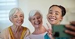 Senior women, friends and selfie with nurse, peace sign or happy for post, web blog or support in house. Caregiver, elderly people or smile for memory, profile picture or social media in nursing home