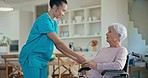 Caregiver, retirement and old woman in wheelchair of nursing home for medical services, physical therapy and support. Nurse helping senior patient with disability, elderly homecare and rehabilitation