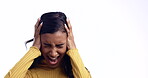 Scream, frustrated and anxiety of a woman in studio with fear, terror or horror nightmare and mental health. Psychology, schizophrenia and crazy person shout isolated on a white background or space