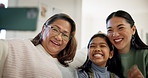 Selfie, peace sign and happy child, mother and grandmother bonding, connect and post social media picture. Home lounge, photography or generation of kid, mom and grandma smile for family memory photo