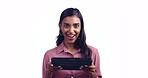Tablet news, wow or face of happy woman with smile or online sale in studio on white background. Surprise, omg or excited Indian person reading blog announcement, discount offer or notification 