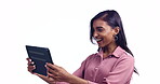 Woman, winner and wow on tablet for news, success or e learning results or opportunity on white background. Young person or student in selfie, announcement or surprise on digital technology in studio