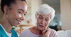 Support, conversation or senior happy woman with caregiver for healthcare, elderly care or consultation. Talking, retirement home or happy mature patient in conversation with nurse speakin of memory