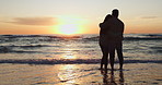 Beach sunset view, silhouette and couple hug, bond and connect on vacation, honeymoon or holiday. Mockup space, travel advertising and dark shadow of relax people embrace with trust, support and love