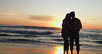 Holding hands, sunset and couple relax on a beach with mockup space on vacation or holiday together for love. Silhouette, man and woman with happiness on anniversary with travel freedom at ocean