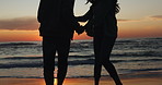 Silhouette, dancing and couple on sunset beach on vacation or tropical holiday together for love or care. Celebration, man and woman with happiness on anniversary with travel freedom at ocean