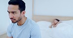 Angry man, thinking or couple on bed with stress problem, breakup crisis or abuse in marriage. Infertility, divorce or frustrated people in conflict for cheating affair, drama or fight in toxic home