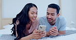 Phone, home or happy couple on social media in bedroom on internet to search for ecommerce app together. Relax, reading blog or woman talking to man with smile or technology for online shopping news