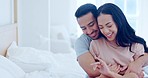 Couple in bed, hug and engagement, ring and happiness in healthy relationship, life partner and commitment. People at home, love and trust with marriage, jewellery and romance with future together