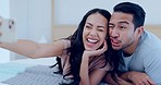 Couple in bedroom, selfie and smile, social media and memory with live streaming and funny face while at home. People relax in bed together, fun and healthy relationship, happy in picture with memory