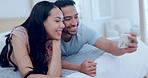 Happy couple, bed and selfie together in apartment with happy marriage, relationship and fun memory. Photography, man and woman in bedroom with smile, love and morning post for social media in home.