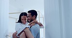 Carrying, happy and couple in a house for love, morning romance or on honeymoon. Laughing, holiday and a young interracial man and woman with a romantic gesture together on a vacation after marriage