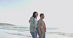 Talking, holding hands and happy couple walk on beach, relax or bonding on summer island holiday together. Romance, man and woman on tropical ocean vacation, smile and love at sunset in Indonesia.