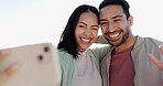 Peace sign, selfie and couple at beach, wink and bonding together on vacation. V hand, interracial man and woman in profile picture, happy memory and travel on holiday at ocean on sunset lens flare