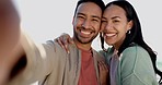 Face, selfie and couple at beach, smile and bonding together on vacation. Portrait, interracial man and woman in profile picture, happy memory and having fun on holiday at ocean on sunset lens flare