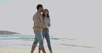 Love, embrace and happy couple walking on beach, relax or bonding on summer island holiday together. Romance, man and woman on tropical ocean vacation, holding hands and date on waves in Indonesia.