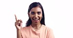 Thinking, face and woman in studio with idea, wow or happy with solution on white background. Questions, why and portrait of excited lady with choice, decision or problem solving plan with emoji aha