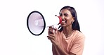 Megaphone, protest or woman shouting in studio on white background for freedom or change. Screaming, announcement or angry Indian person with loudspeaker protesting for human rights speech or justice