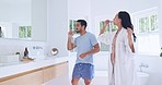 Bathroom, morning couple and brushing teeth, dancing or bond during tooth whitening, enamel cleaning or dental hygiene. Toothbrush, relationship and home people, dancer and grooming for oral wellness