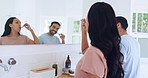 Brushing teeth, couple and bathroom with morning hygiene and toothbrush at home. Dental care, mirror and wellness with toothpaste and happy smile together in a house with mouth cleaning for routine