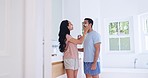 Skincare, lotion on face and happy couple in bathroom, mirror and morning cleaning routine for facial wellness. Beauty, dermatology and cosmetics, man and woman with cream for skin treatment in home.